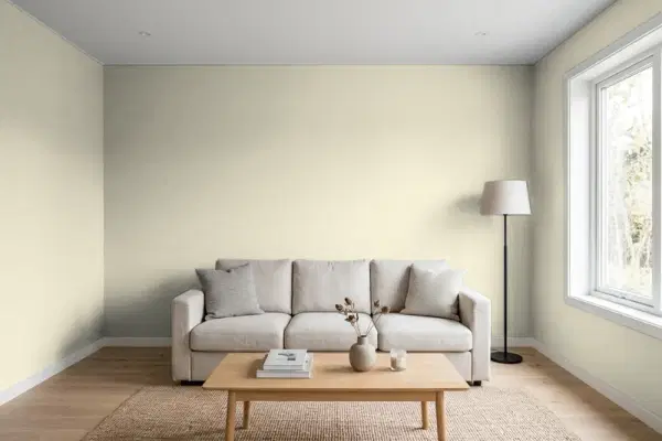 Living room with walls painted PPG Paints Skipping Stone 1027-2 (simulated)