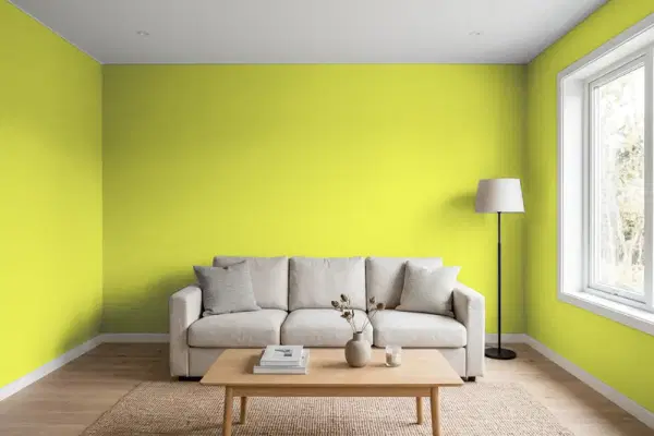 Living room with walls painted PPG Paints Slap Happy 1217-7 (simulated)