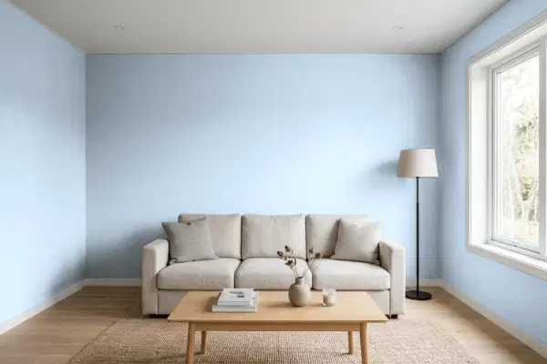 Living room with walls painted PPG Paints Sleep Baby Sleep 1161-2 (simulated)