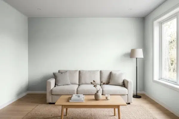 Living room with walls painted Benjamin Moore Sleigh Bells 1480 (simulated)