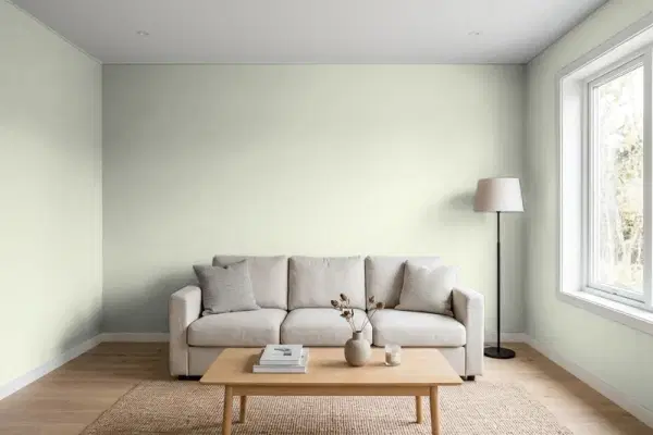 Living room with walls painted Behr Sliced Cucumber PPU10-11 (simulated)