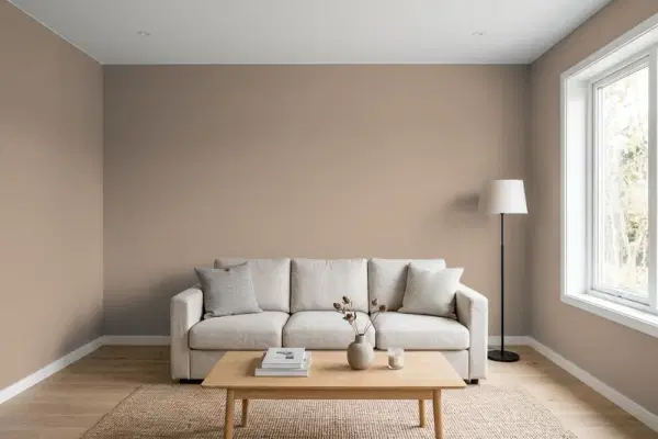 Living room with walls painted Behr Smokey Tan BXC-49 (simulated)
