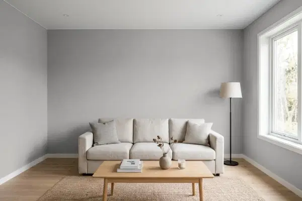 Living room with walls painted Behr Smokey Wings PPU26-07 (simulated)