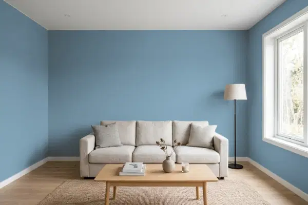 Living room with walls painted Sherwin-Williams Smoky Azurite SW 9148 (simulated)