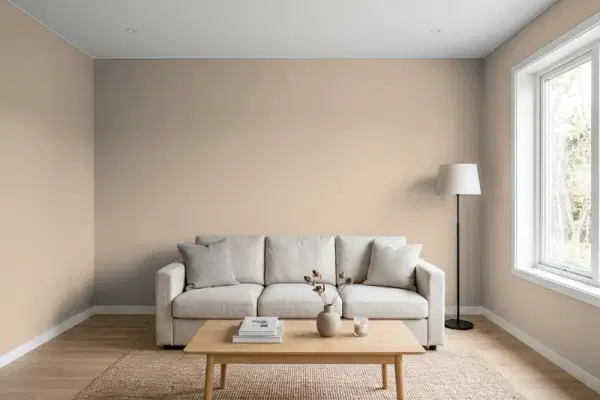 Living room with walls painted Sherwin-Williams Smoky Beige SW 9087 (simulated)