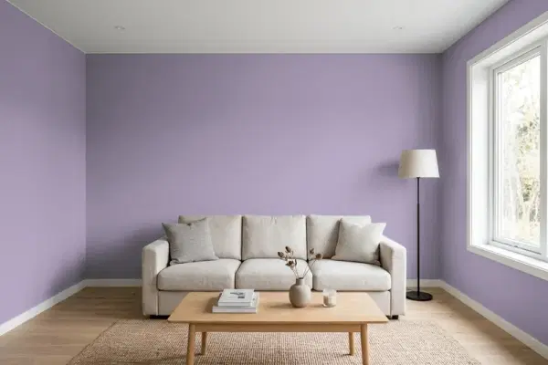 Living room with walls painted PPG Paints Smoky Grape 1174-5 (simulated)