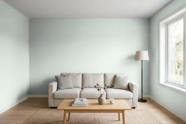 Living room with walls painted Benjamin Moore Smoky Green CC-700 (simulated)