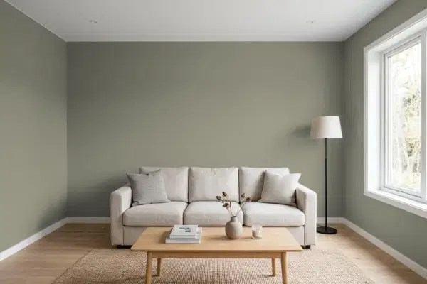 Living room with walls painted Valspar Smoky Olive 6001-2B (simulated)
