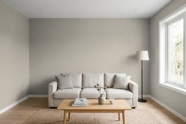 Living room with walls painted Sherwin-Williams Smooth Stone SW 9568 (simulated)