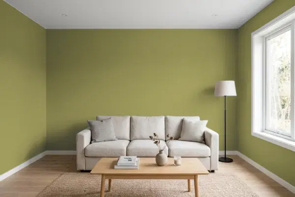Living room with walls painted Behr Snap Pea Green T15-18 (simulated)