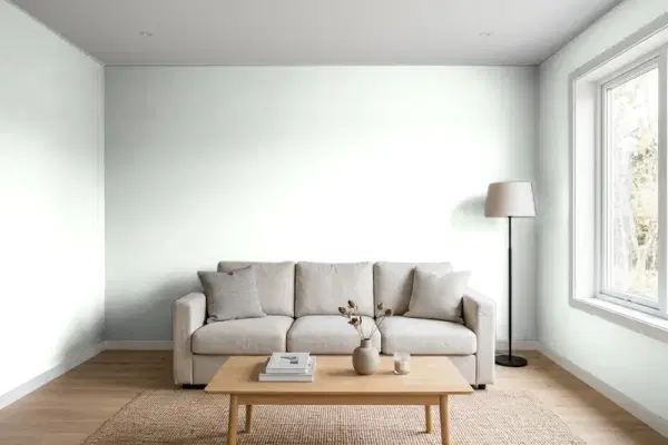 Living room with walls painted Benjamin Moore Snow Angel 841 (simulated)
