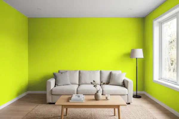 Living room with walls painted Benjamin Moore Snow Cone Green 2026-30 (simulated)
