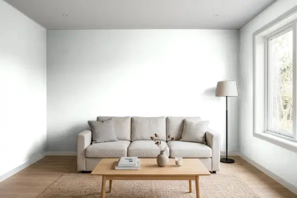 Living room with walls painted Benjamin Moore Snow White 2122-70 (simulated)