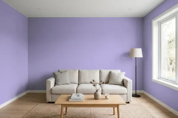 Living room with walls painted Benjamin Moore Snugglepuss 1405 (simulated)