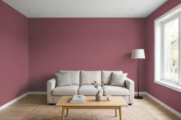 Living room with walls painted Behr So Merlot PPU1-15 (simulated)