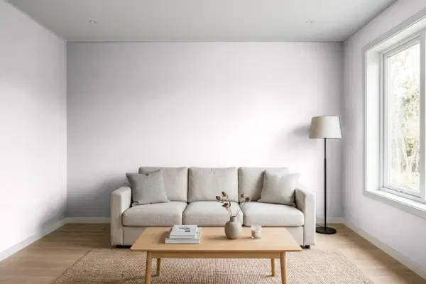 Living room with walls painted Behr So Shy MQ3-29 (simulated)