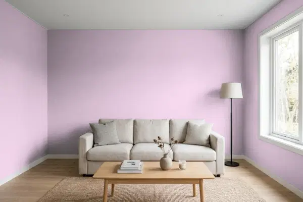 Living room with walls painted PPG Paints Soft Amethyst 1178-4 (simulated)