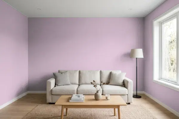 Living room with walls painted Behr Soft Heather 680F-4 (simulated)