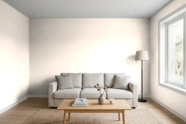 Living room with walls painted Behr Soft Muslin W-D-110 (simulated)