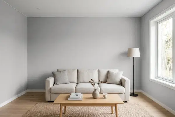 Living room with walls painted Behr Soft Pebble HDC-NT-27A (simulated)