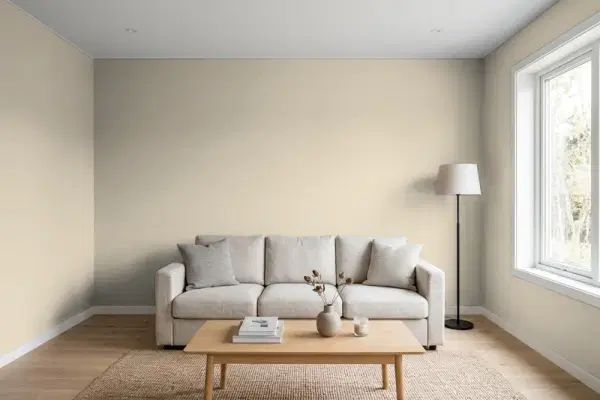 Living room with walls painted Valspar Soft Stones 6008-1C (simulated)