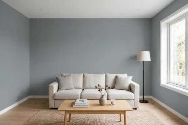 Living room with walls painted Sherwin-Williams Software SW 7074 (simulated)