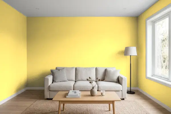 Living room with walls painted Behr Solar Energy P310-5 (simulated)