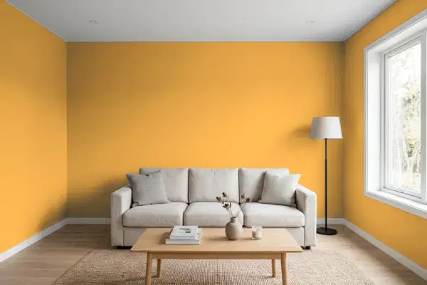 Living room with walls painted Behr Solar Fusion UL150-3 (simulated)