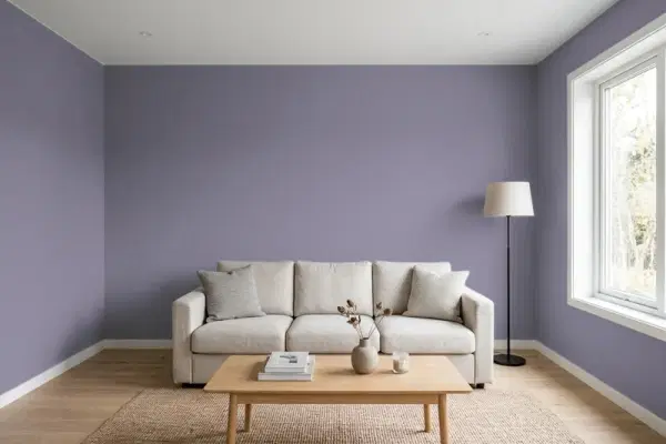 Living room with walls painted Behr Solitaire N560-5 (simulated)