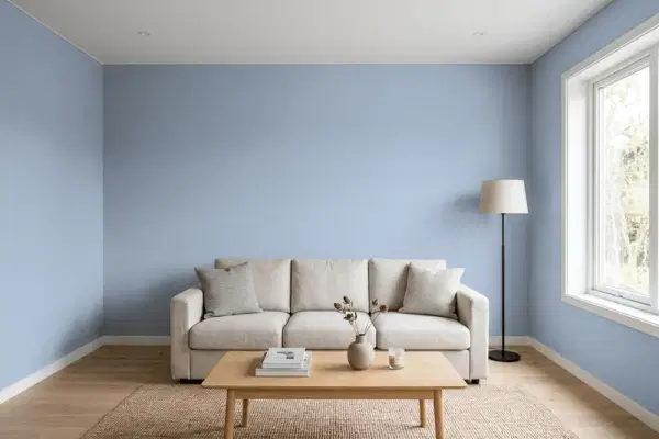 Living room with walls painted Sherwin-Williams Solitude SW 6535 (simulated)
