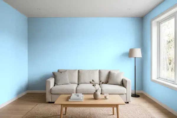 Living room with walls painted Valspar Sonic Sky 4008-9B (simulated)