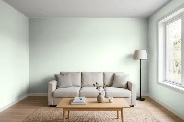 Living room with walls painted Behr Soothing Celadon ICC-95 (simulated)