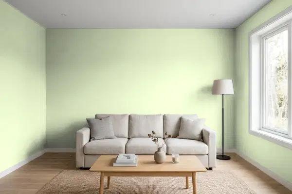 Living room with walls painted Benjamin Moore Soothing Green 535 (simulated)