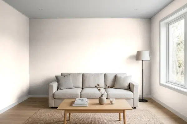 Living room with walls painted Behr Soothing Pink RD-W06 (simulated)
