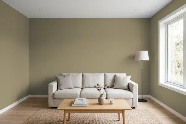 Living room with walls painted Behr Sorrel Leaf N340-6 (simulated)