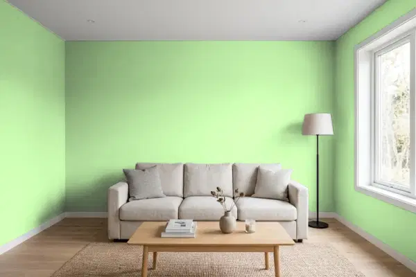 Living room with walls painted Benjamin Moore Sounds of Nature 556 (simulated)