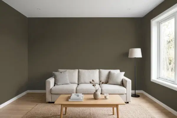Living room with walls painted Benjamin Moore Southern Vine 2138-10 (simulated)
