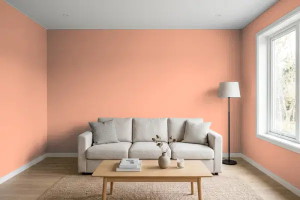 Living room with walls painted Behr Southwest Stone 220D-4 (simulated)