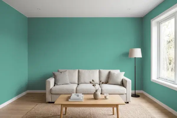 Living room with walls painted Valspar Spa Green 5004-6A (simulated)