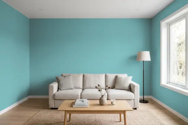 Living room with walls painted Valspar Spa Pool 5002-6A (simulated)