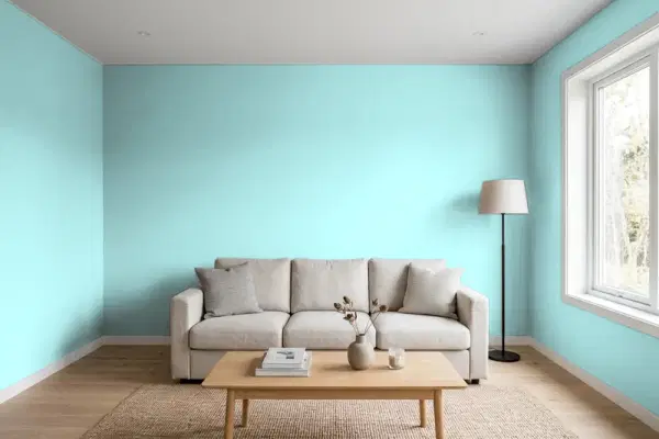 Living room with walls painted Sherwin-Williams Spa SW 6765 (simulated)