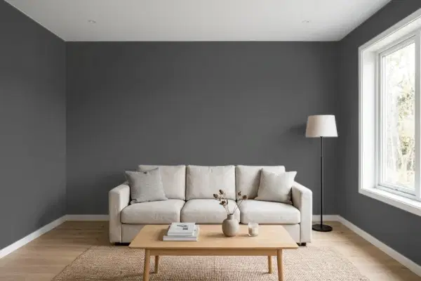 Living room with walls painted Behr Space Black N460-7 (simulated)