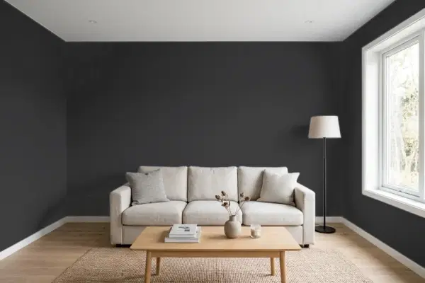 Living room with walls painted Benjamin Moore Space Black 2119-10 (simulated)
