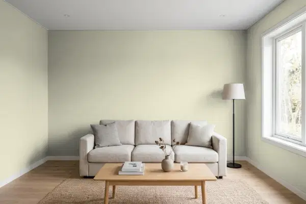 Living room with walls painted Benjamin Moore Spanish Olive CC-606 (simulated)