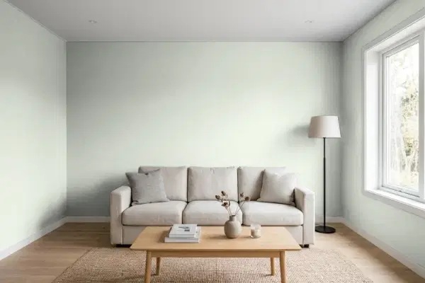 Living room with walls painted Valspar Sparkling Sage 5005-3B (simulated)