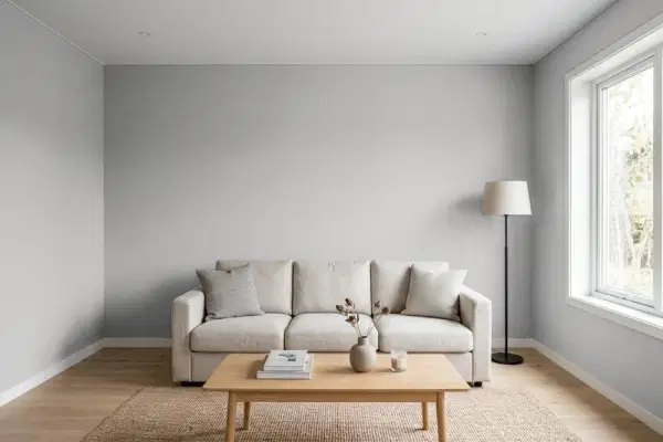 Living room with walls painted Behr Sparrow 780F-4 (simulated)