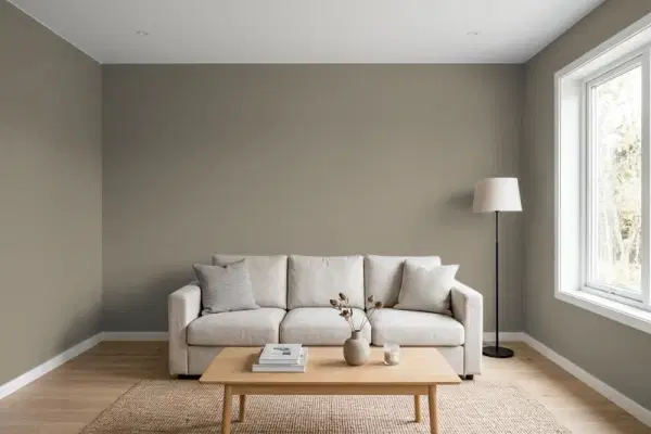 Living room with walls painted Benjamin Moore Sparrow AF-720 (simulated)
