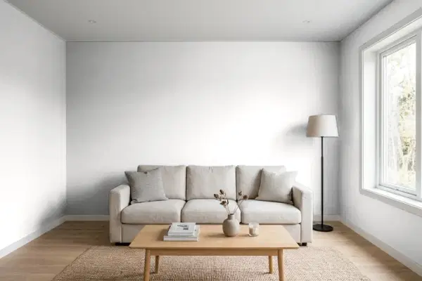 Living room with walls painted Sherwin-Williams Spatial White SW 6259 (simulated)