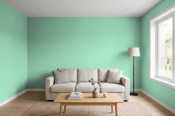 Living room with walls painted Behr Spearmint Frosting HDC-WR14-8 (simulated)