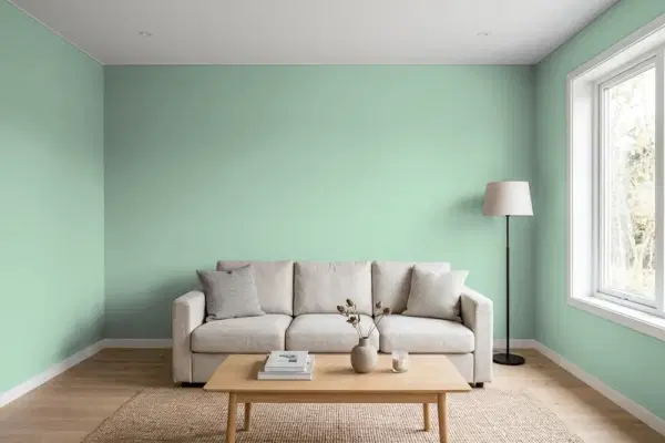 Living room with walls painted Valspar Spearmint Haze 5006-5C (simulated)